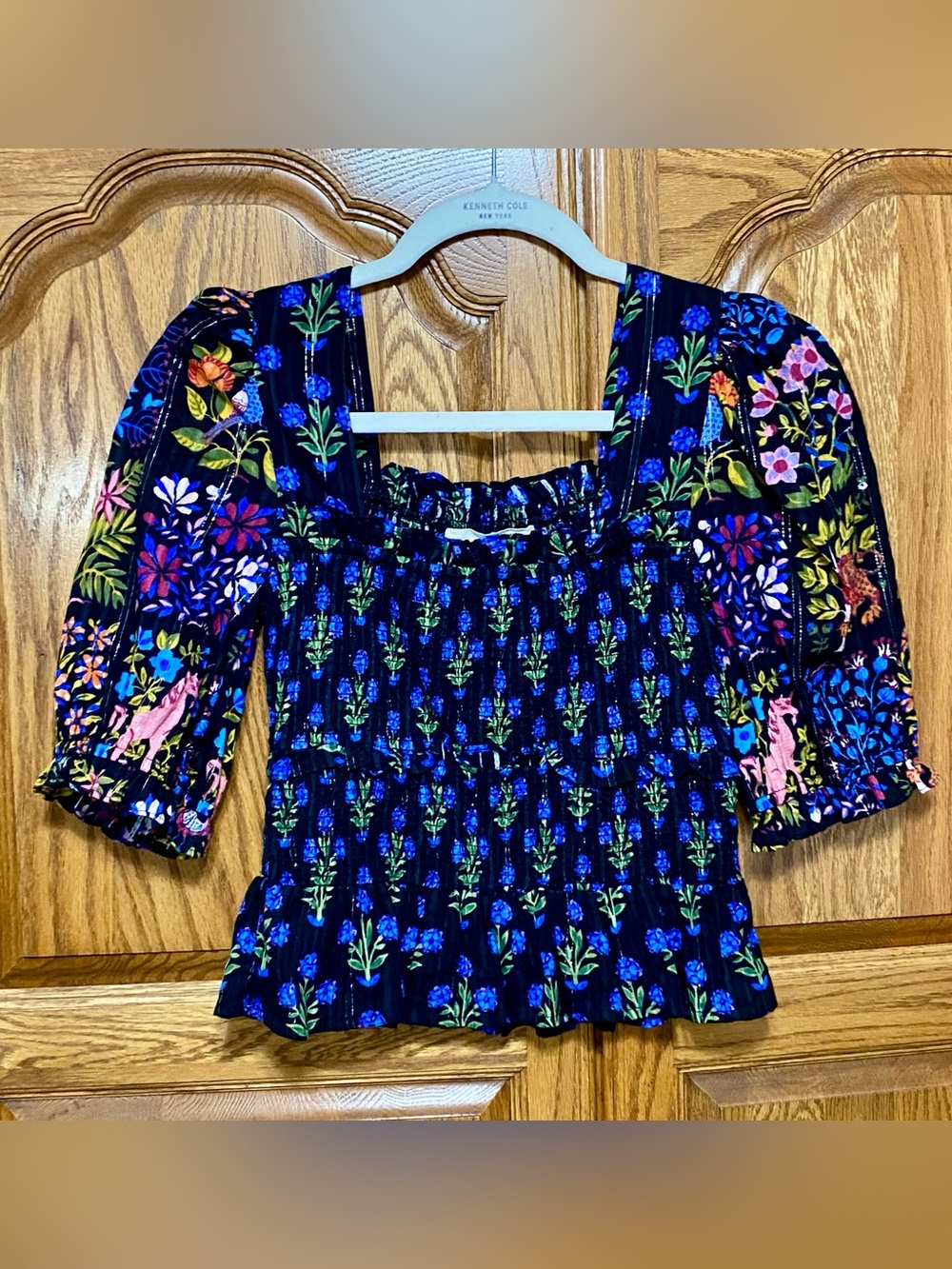 Printfresh Iris Blouse Sz XXS Smocked Bodice Puff Sleeve Peplum Floral Cotton